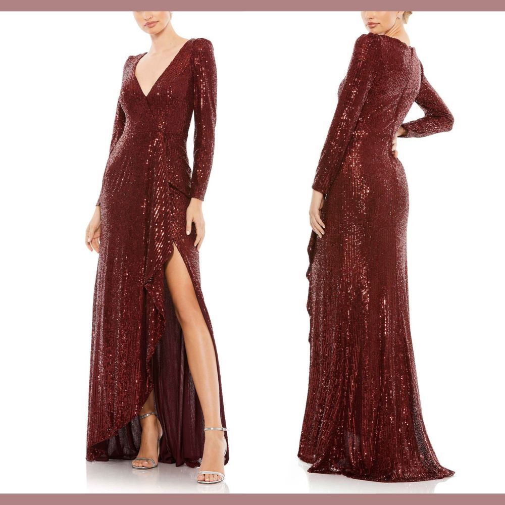 NWT $398 IEENA Mac Duggal‎ [ 6 ] Sequin Wrap Evening Gown in Wine Red #S1048